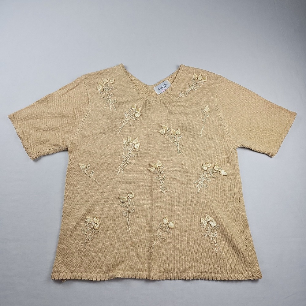 Teddi Womens Beige Embroidered Flowers Sweater Blouse Petite Sz L/P Short Sleeve